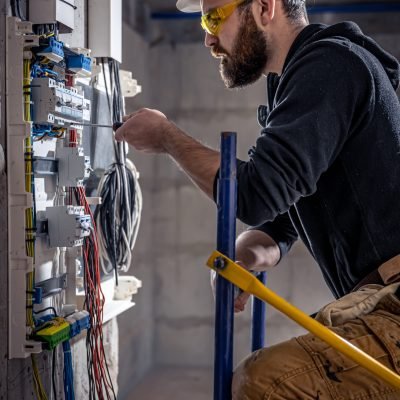 A male electrician works in a switchboard with an electrical connecting cable, connects the equipment with tools.